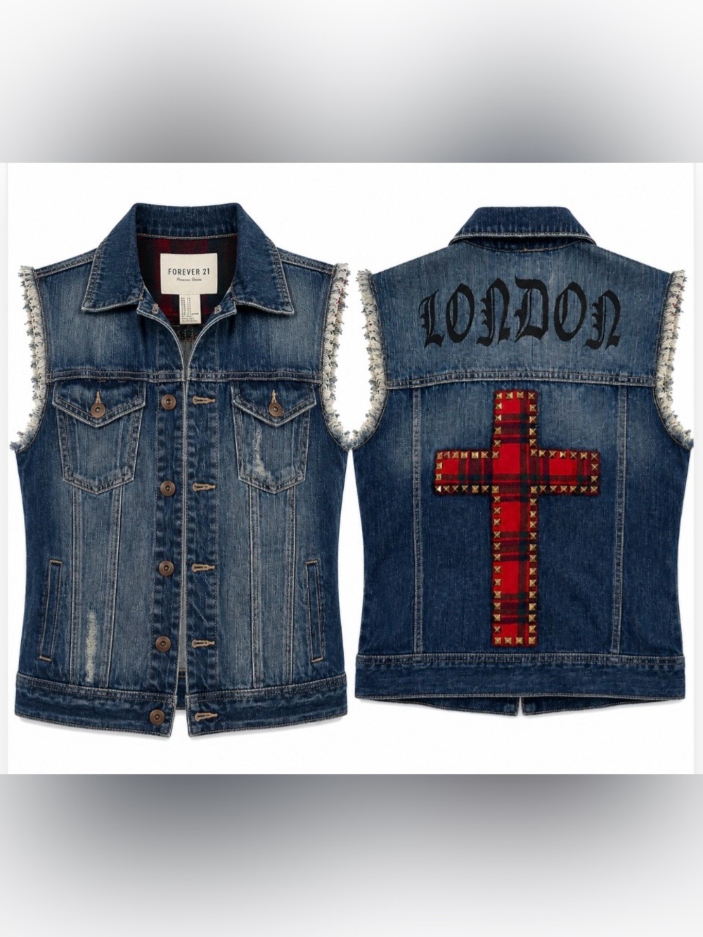 Denim Vest Studded Plaid Cross London Steam Punk Grunge Moto Edgy Western Rock M